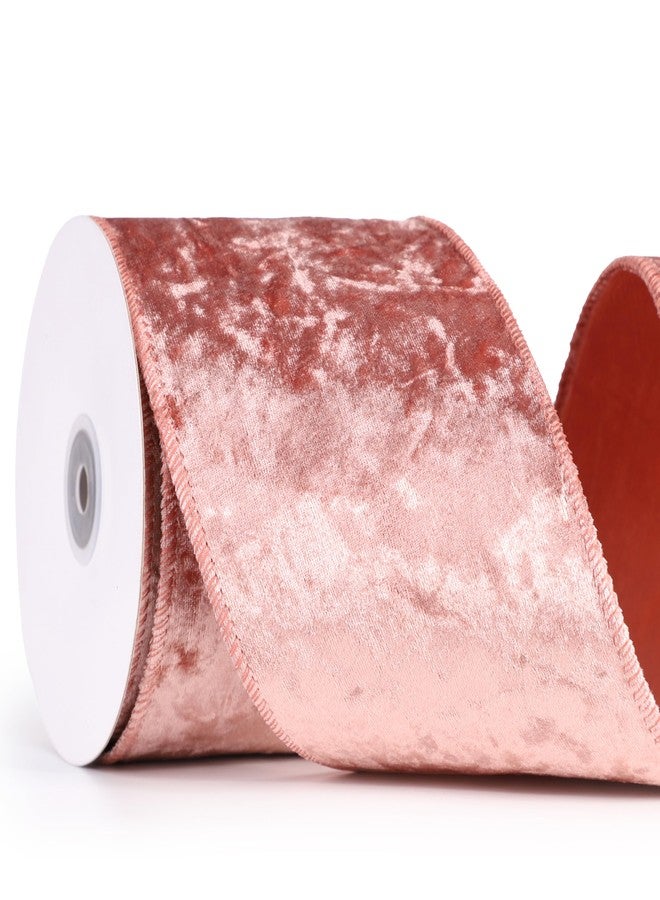 MAYREEL 4 Inch Rose Gold Crushed Velvet Ribbon Wired Extra Wide Blush Pink for Christmas Decorations Gift Wrapping Wreaths Tree Toppers 10 Yards - Image 1